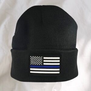 Thin Blue Line Embroidered Flag Black Beanie
